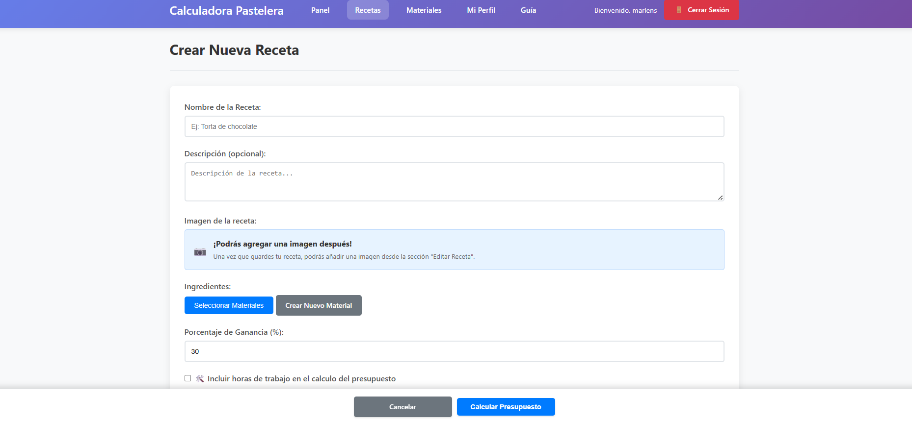 Formulario de crear receta