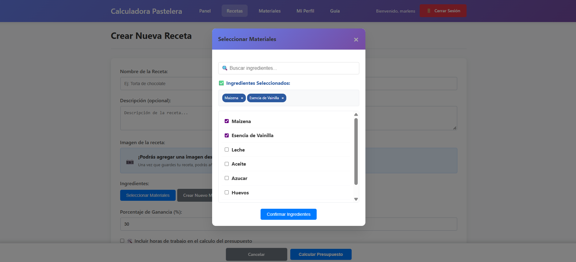 Selección de materiales para la receta