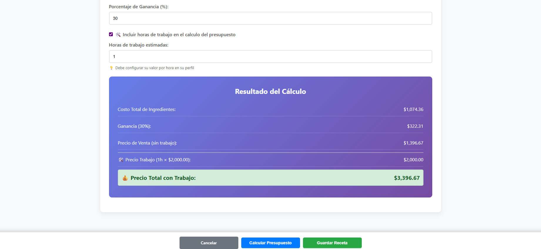 Resultado del cálculo de presupuesto
